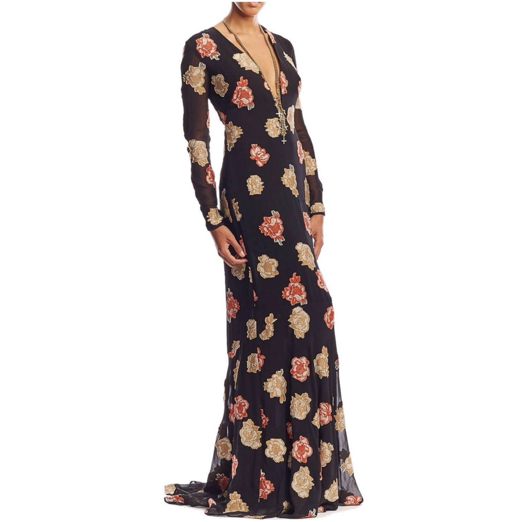 Nicole Miller Embroidered Flowers Plunge Gown